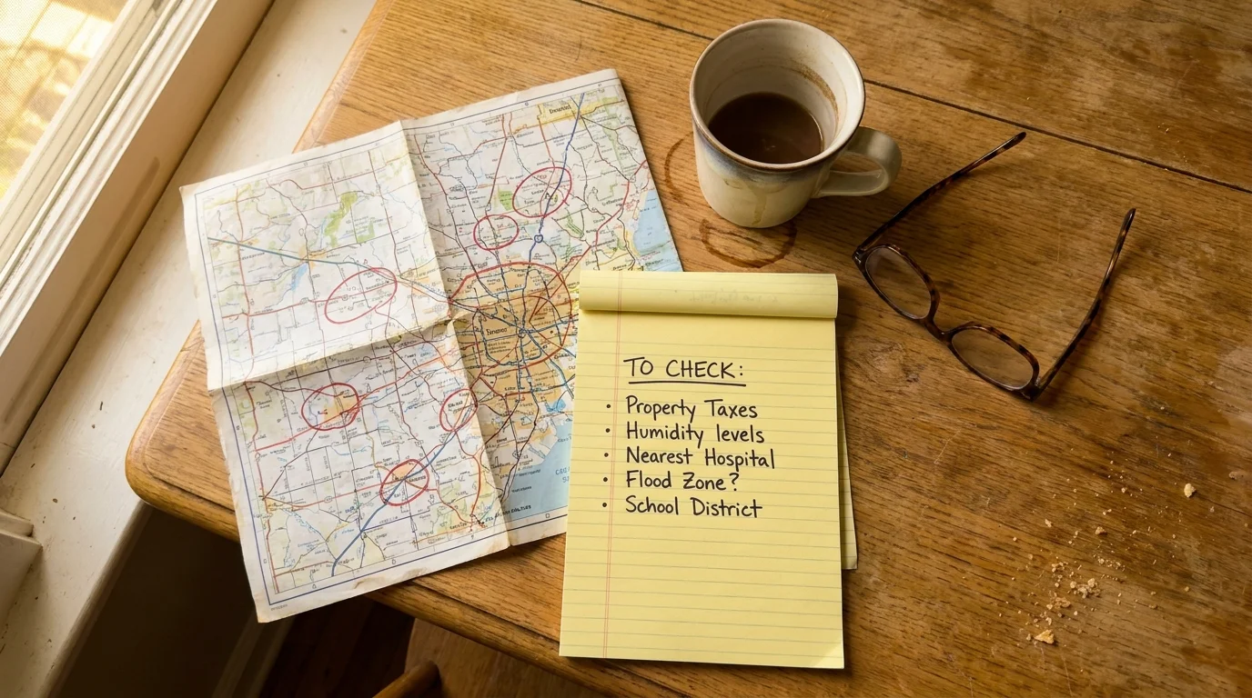 A top-down view of a kitchen table with a map, a notepad of relocation checks, and a cup of coffee.