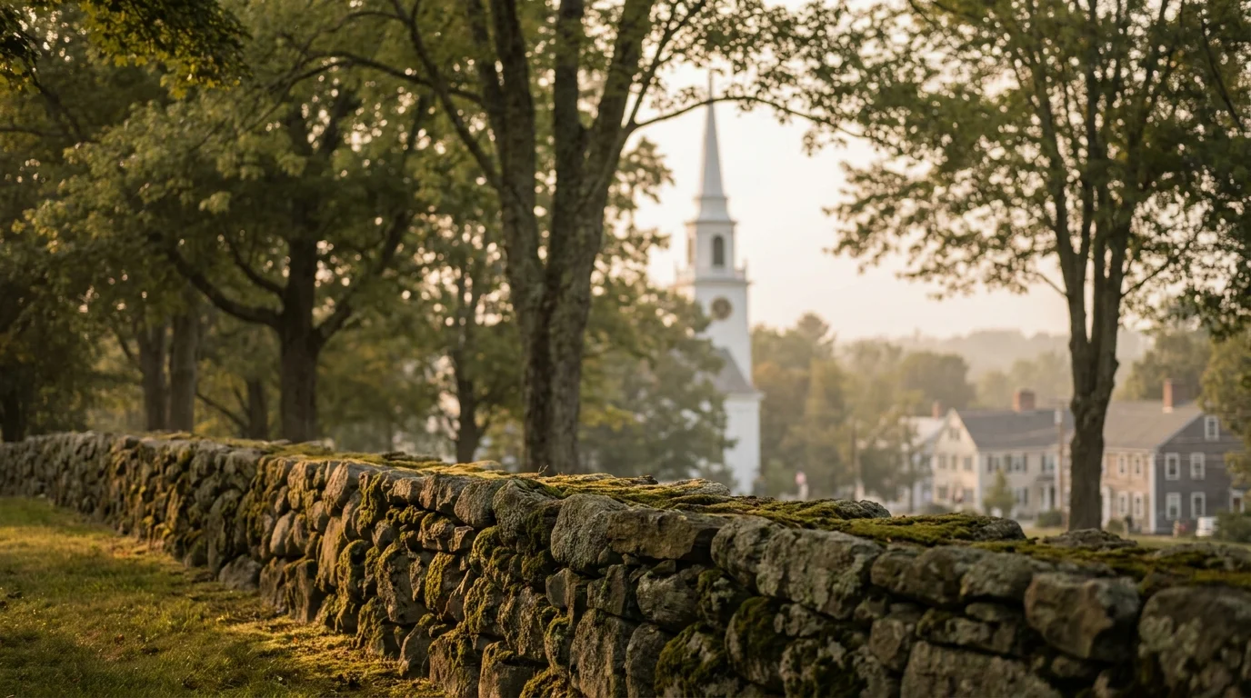 A traditional New England stone wall in Hopkinton, Massachusetts, with a church steeple in the distance.