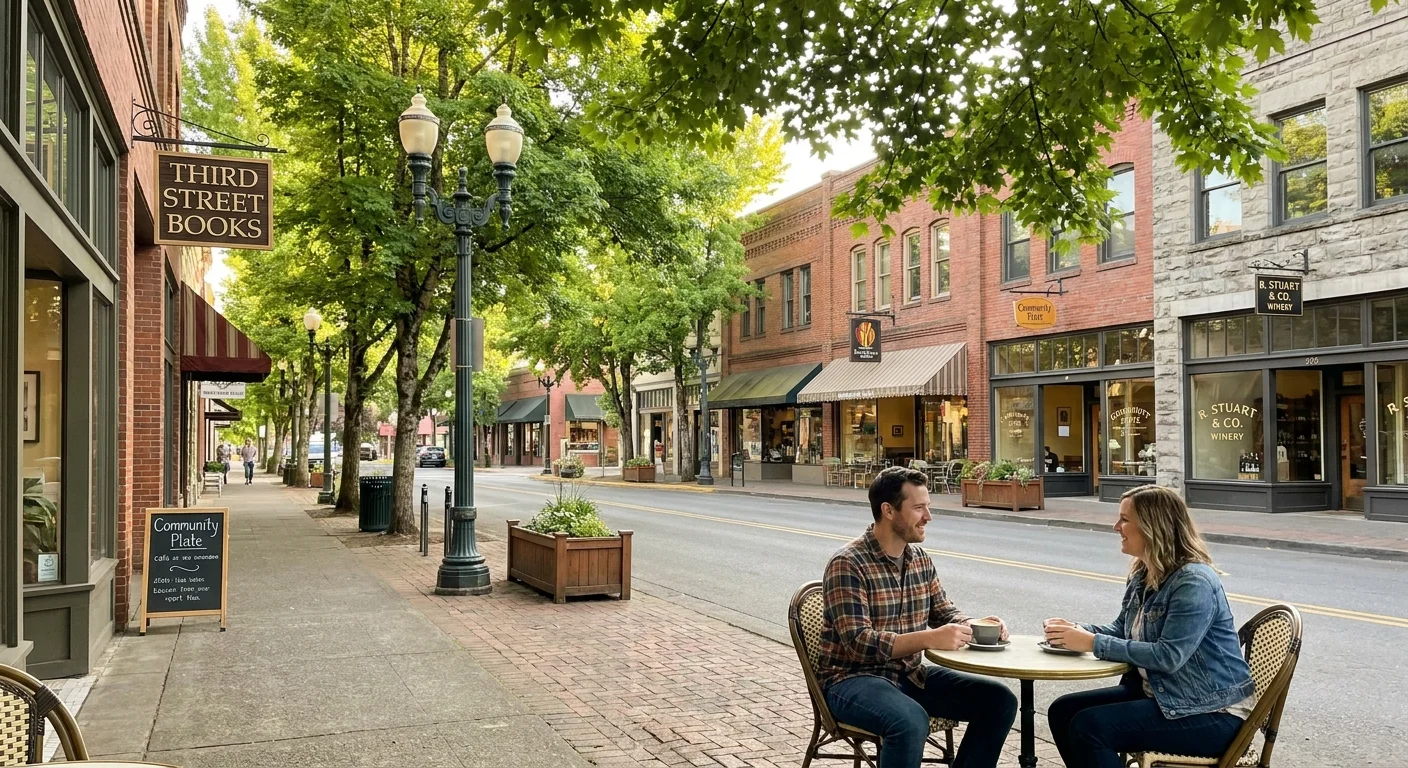 A tree-lined historic main street with brick buildings, outdoor cafes, and people enjoying a sunny day.