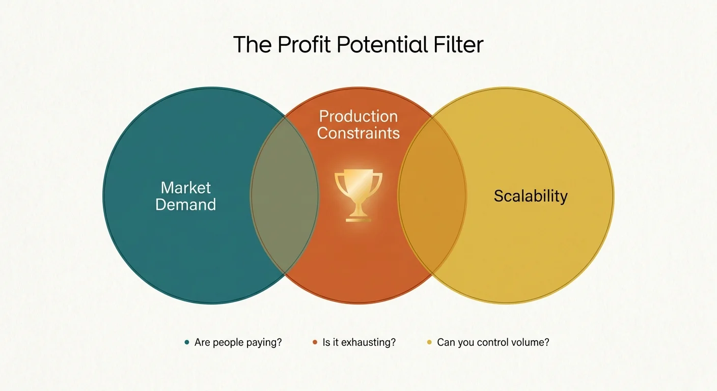 A Venn diagram showing the intersection of Market Demand, Production Constraints, and Scalability for choosing a hobby to monetize.