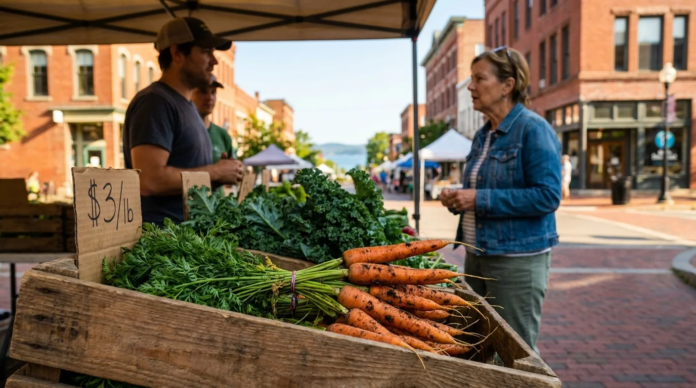 A vibrant farmers market scene in Burlington with fresh vegetables and brick buildings in the background.