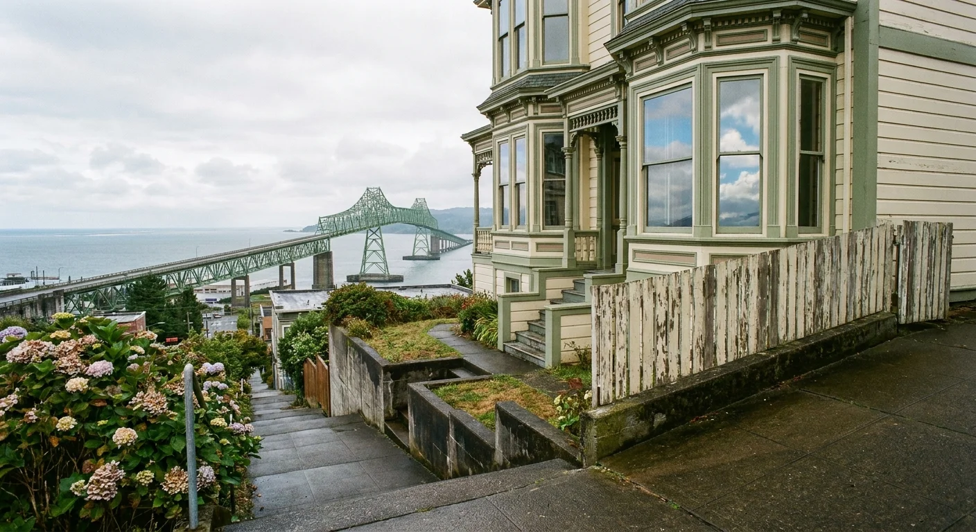 A Victorian house on a steep hill overlooking the Astoria-Megler Bridge and the Columbia River.