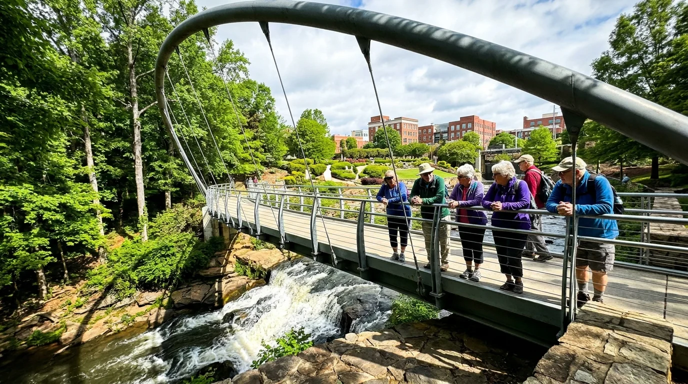 A view of the Liberty Bridge and waterfall in Greenville's Falls Park on the Reedy, with people walking along the paths.