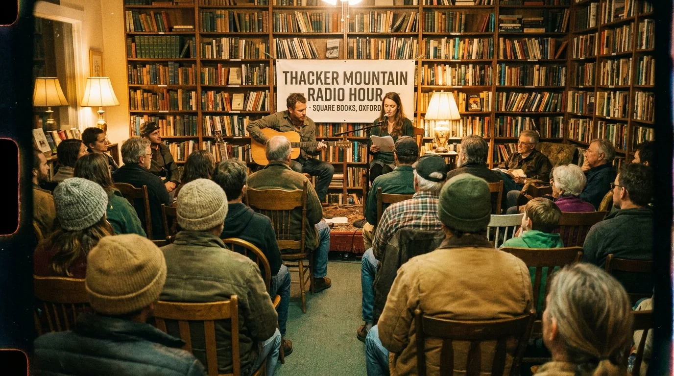 A warm, film-style photo of a community literary and musical event in Oxford, Mississippi, surrounded by bookshelves.