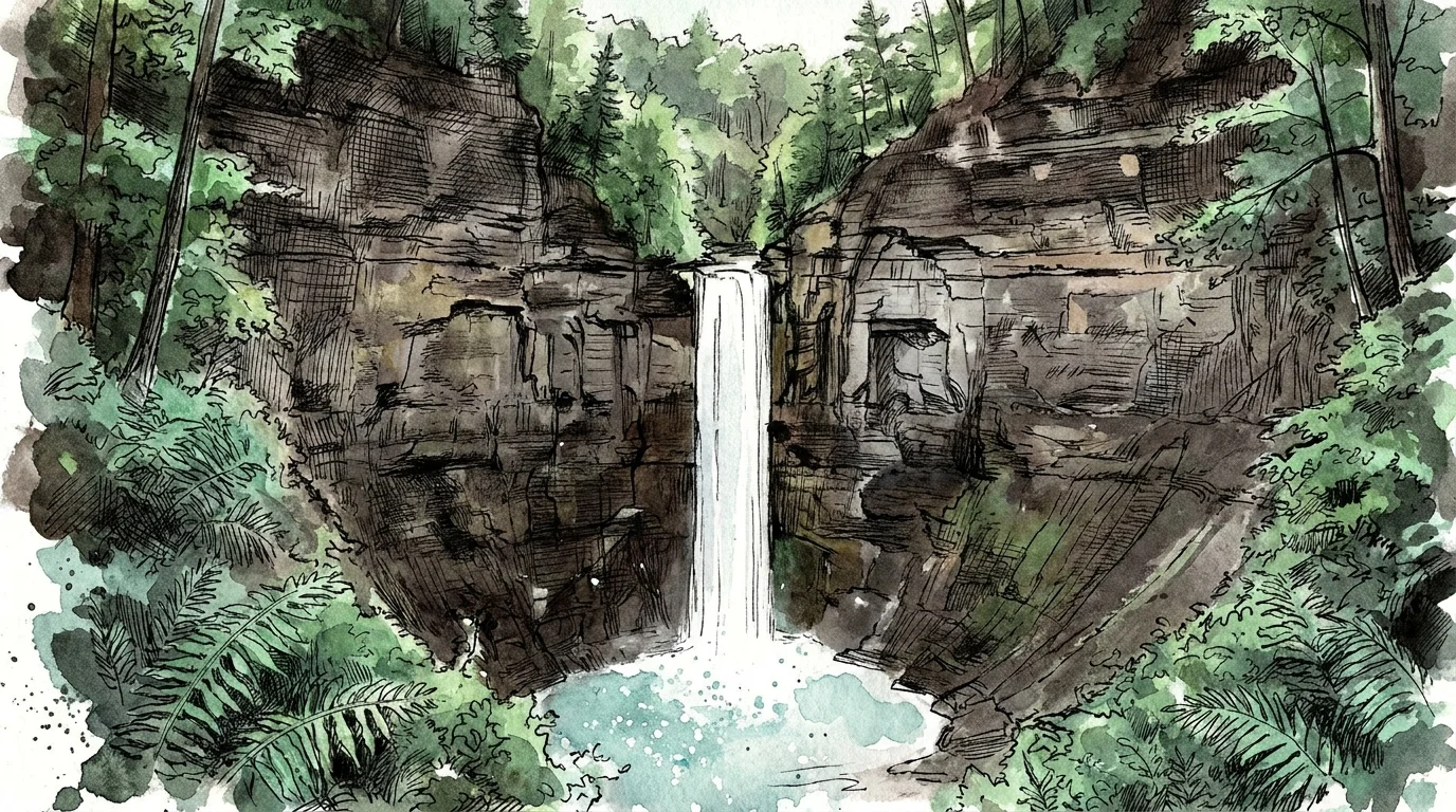 A watercolor and ink drawing of a tall waterfall surrounded by a dark rocky gorge and green trees.