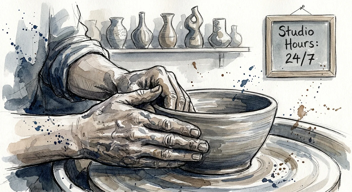 A watercolor and ink illustration of a pair of hands shaping a clay bowl on a potter's wheel in an art studio.
