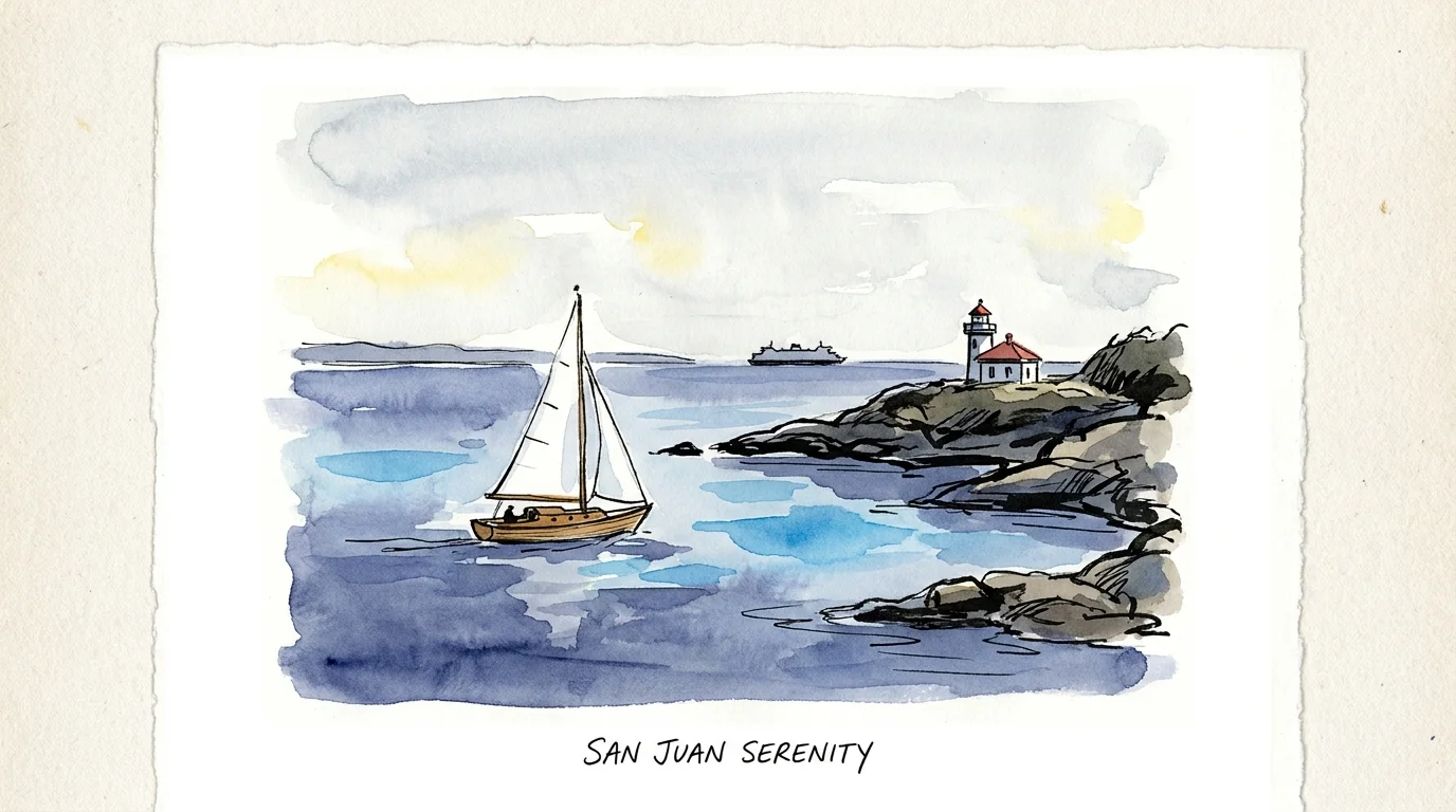 A watercolor and ink sketch of a sailboat in a calm blue bay with a lighthouse and distant islands.