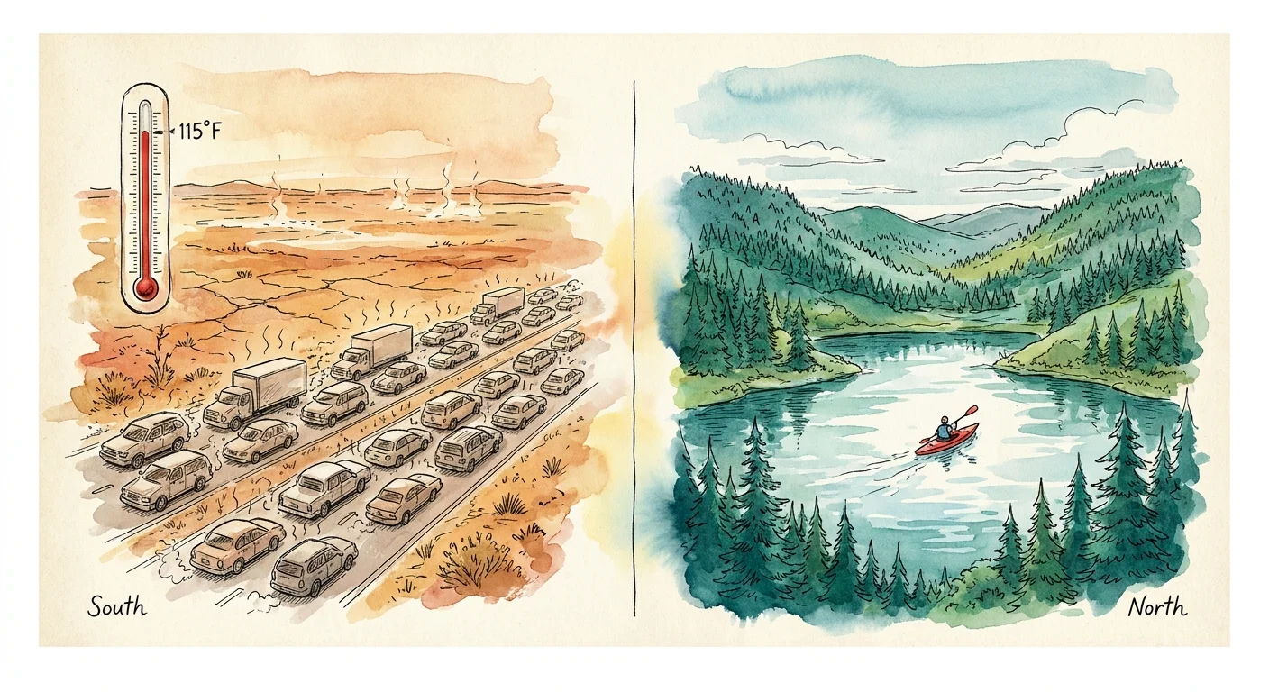 A watercolor illustration comparing a hot, crowded southern landscape with a peaceful, cool northern lake scene.