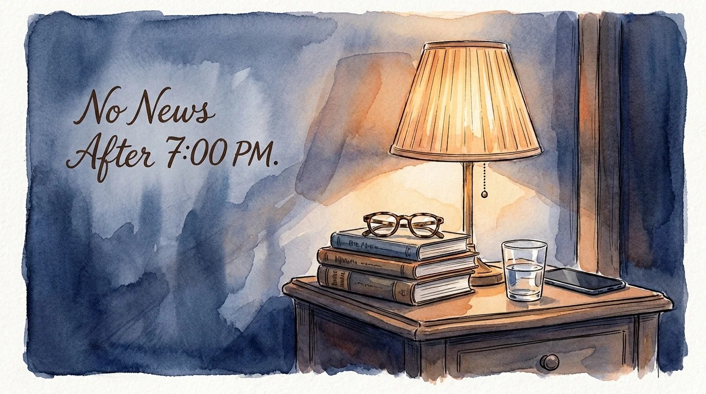A watercolor illustration of a bedside table with books and a face-down phone, illustrating a 7:00 PM offline rule.
