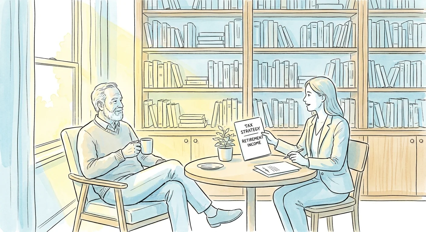 A watercolor illustration of a calm meeting between a retiree and a financial advisor in a home library.
