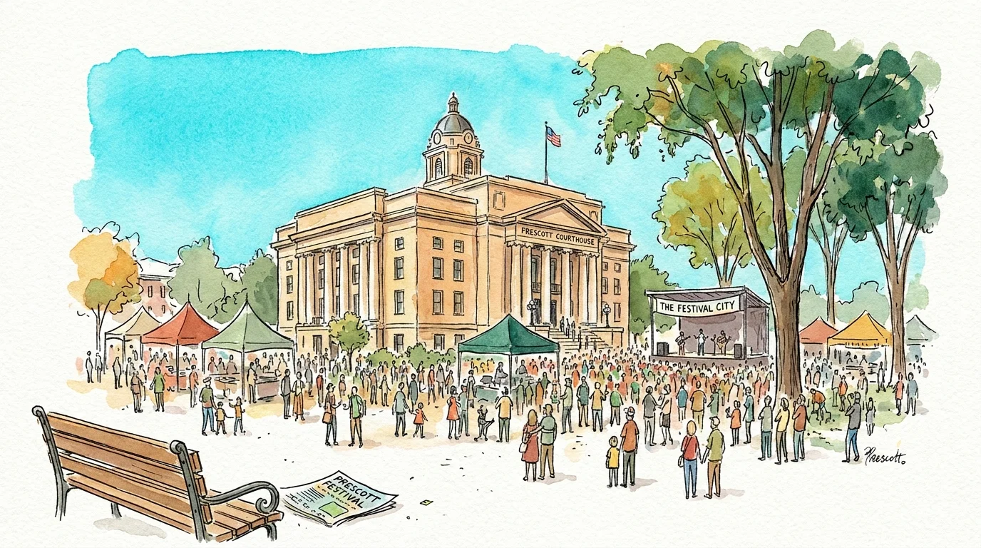 A watercolor illustration of a festive crowd gathered around the historic courthouse square in Prescott, Arizona.