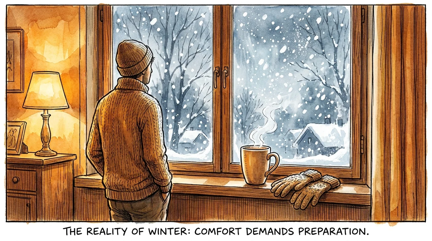 A watercolor illustration of a person looking out a warm window at a heavy snowstorm.