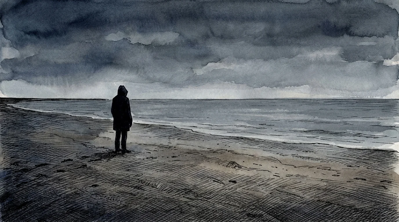 A watercolor illustration of a person looking out at a vast, empty ocean, symbolizing the anxiety of unstructured time.