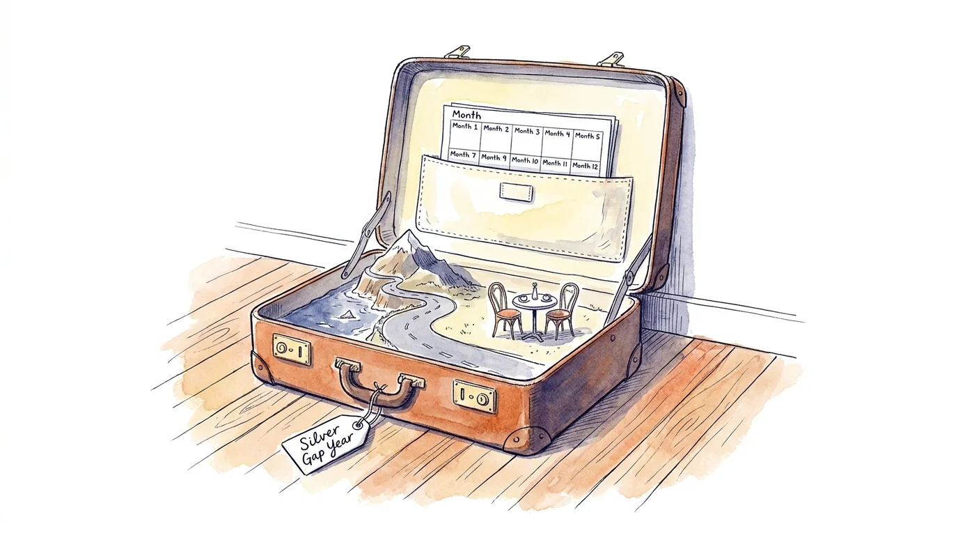 A watercolor illustration of a suitcase containing a miniature world and a tag labeled 'Silver Gap Year'.