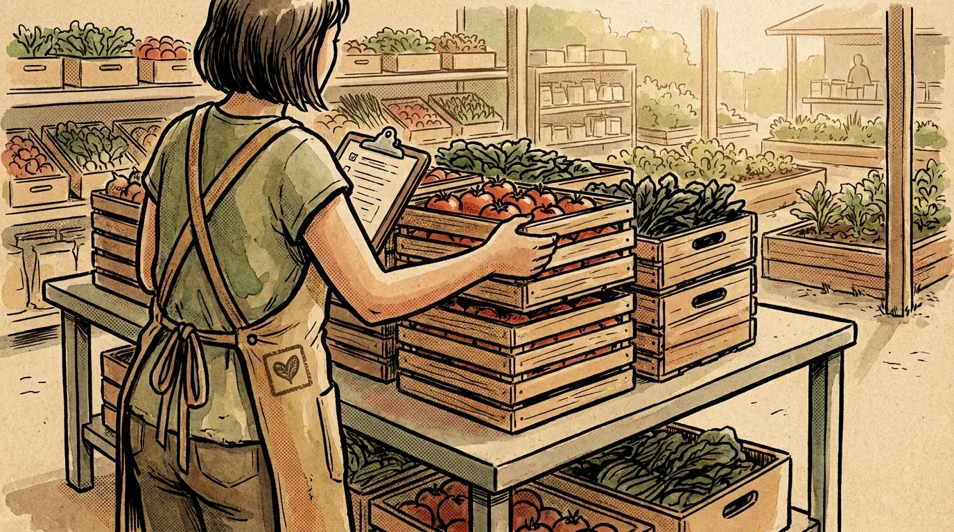 A watercolor illustration of a volunteer organizing crates at a food pantry, showing the structure of service.