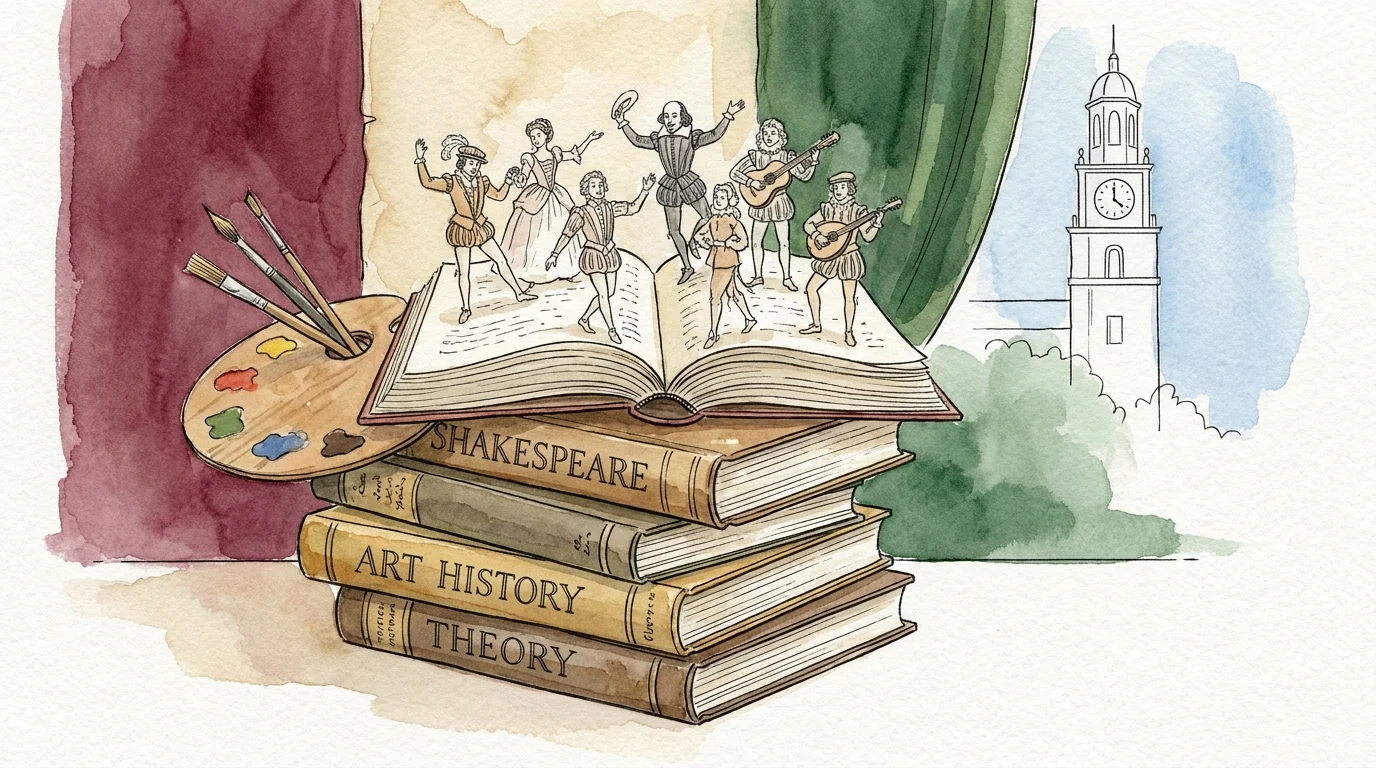 A watercolor illustration of books, an art palette, and theater figures, representing cultural and academic hubs.
