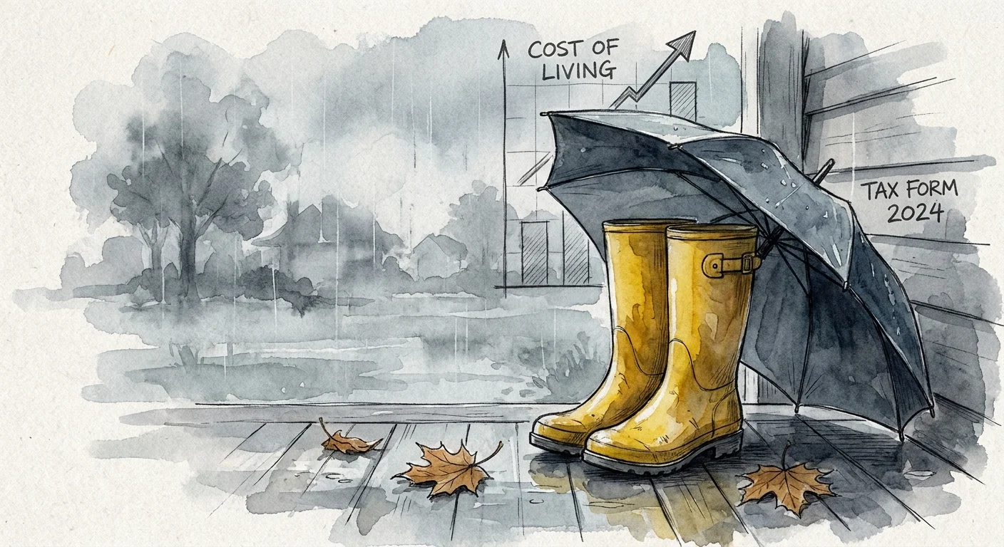 A watercolor of yellow rain boots on a damp porch under a gray sky, representing seasonal challenges.