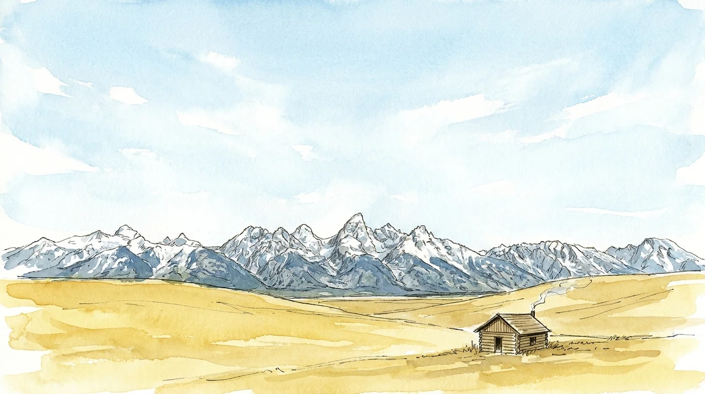 A watercolor painting of a wide golden field leading to jagged snow-capped mountains under a huge blue sky.