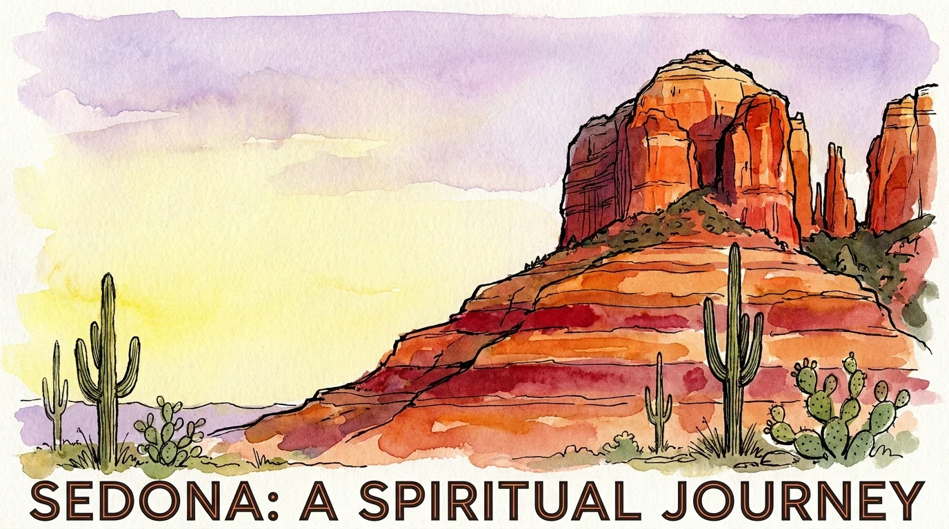 A watercolor painting of red rock buttes in Sedona under a purple and yellow sunset sky.