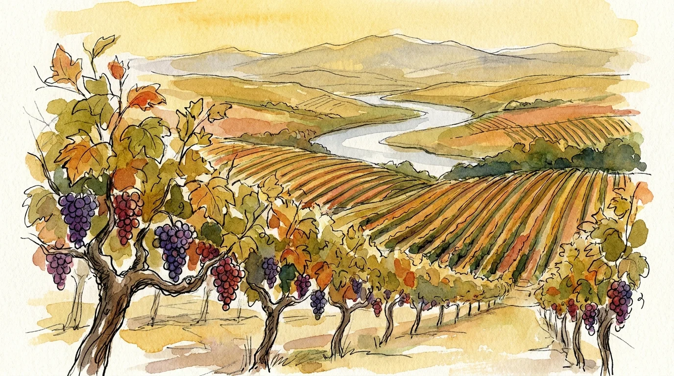 A watercolor painting of rolling vineyards in a golden valley with a winding river and distant hills.