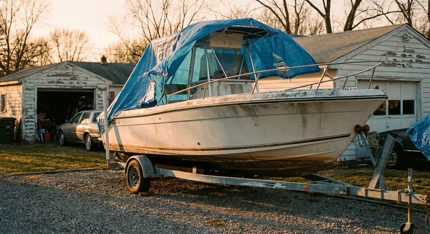A weathered boat on a trailer in a driveway with a torn blue tarp, shot on warm 35mm film.