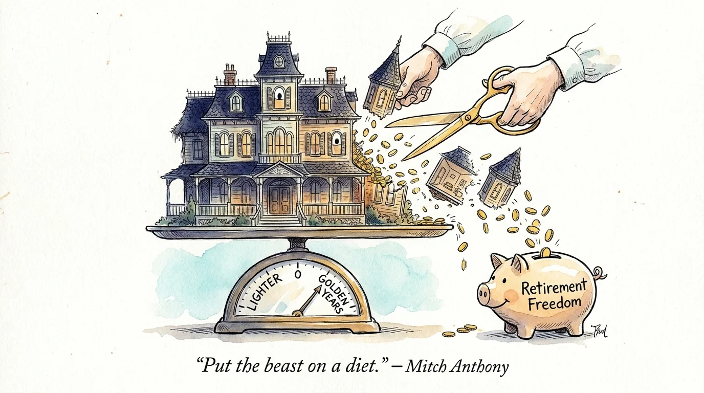 A whimsical watercolor illustration of a large house being trimmed down into gold coins for a retirement fund.