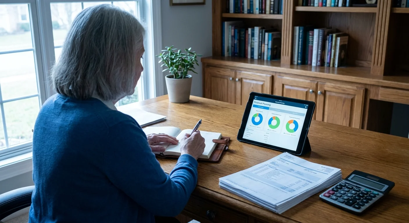 A woman at a desk with a calculator and a tablet, managing her retirement income and budget.