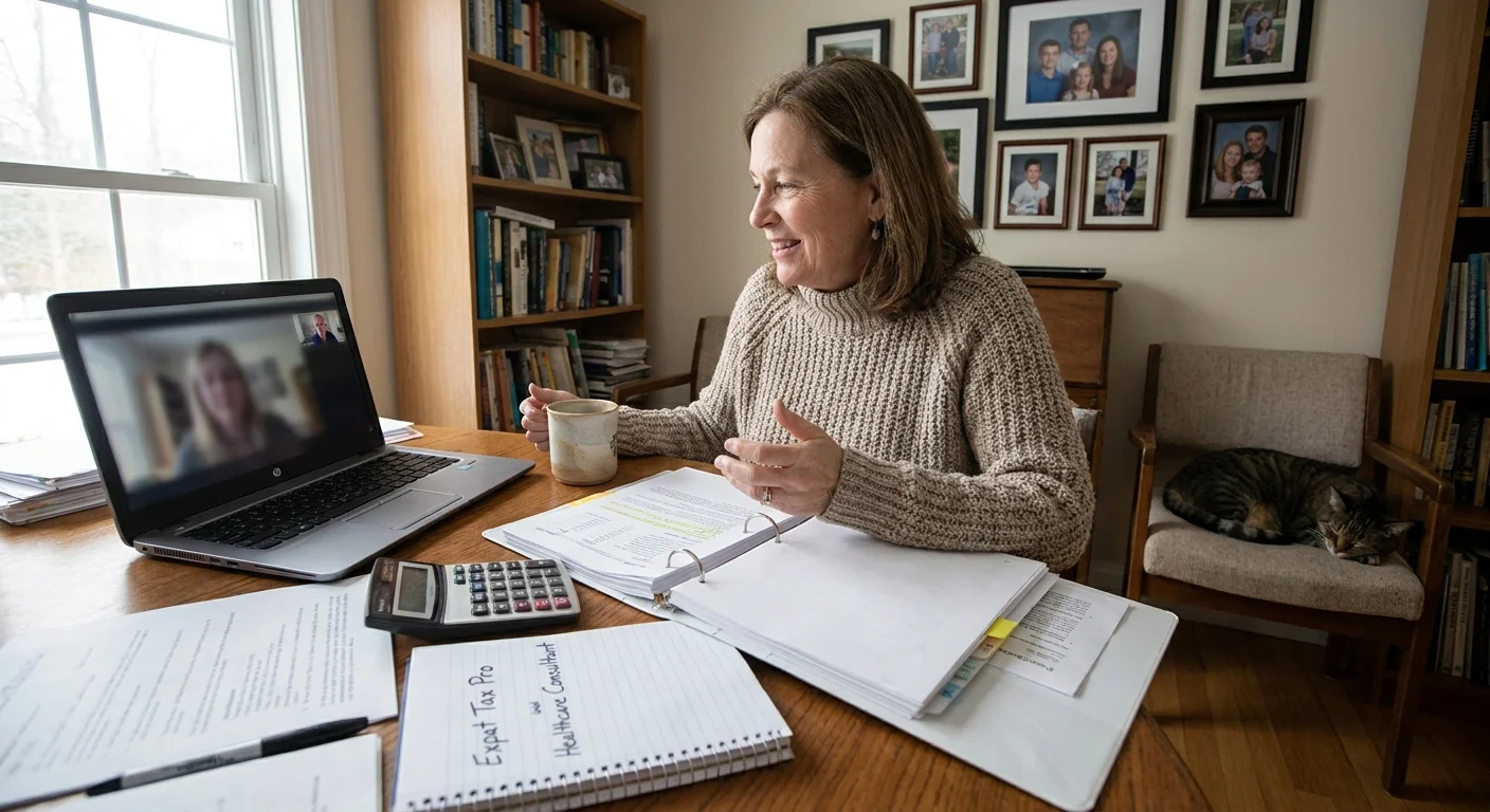A woman at her home desk on a video call with a professional, with binders and notes about expat taxes spread out.