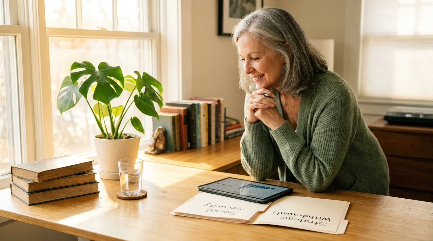A woman in a home office reviewing folders labeled 'Social Security' and 'Strategic Withdrawals' to plan her income.
