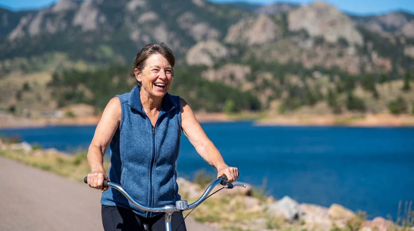 A woman laughing while riding a bike in Fort Collins with the Rocky Mountain foothills in the blurred background.