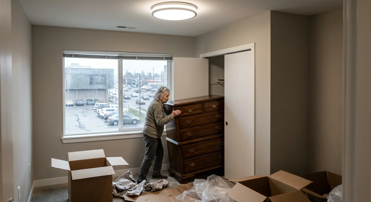 A woman tries to fit a large antique dresser into a cramped, modern apartment bedroom next to a window overlooking a parking lot.