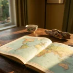 A world atlas and cultural mementos on a sunlit wooden desk, symbolizing a global perspective on retirement planning.