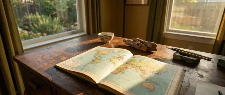 A world atlas and cultural mementos on a sunlit wooden desk, symbolizing a global perspective on retirement planning.