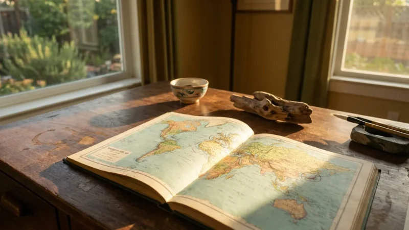 A world atlas and cultural mementos on a sunlit wooden desk, symbolizing a global perspective on retirement planning.