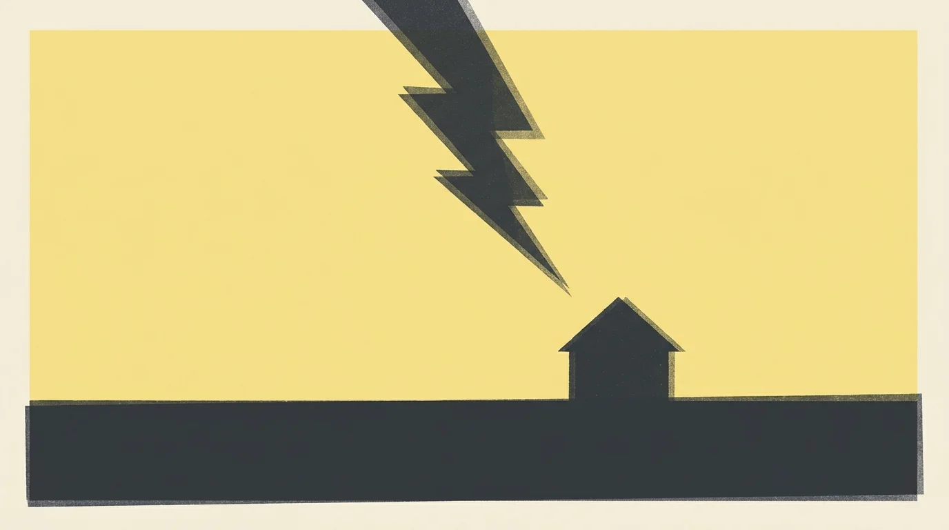 Abstract screenprint illustration of a lightning bolt striking near a house, symbolizing hidden risks in safe towns.