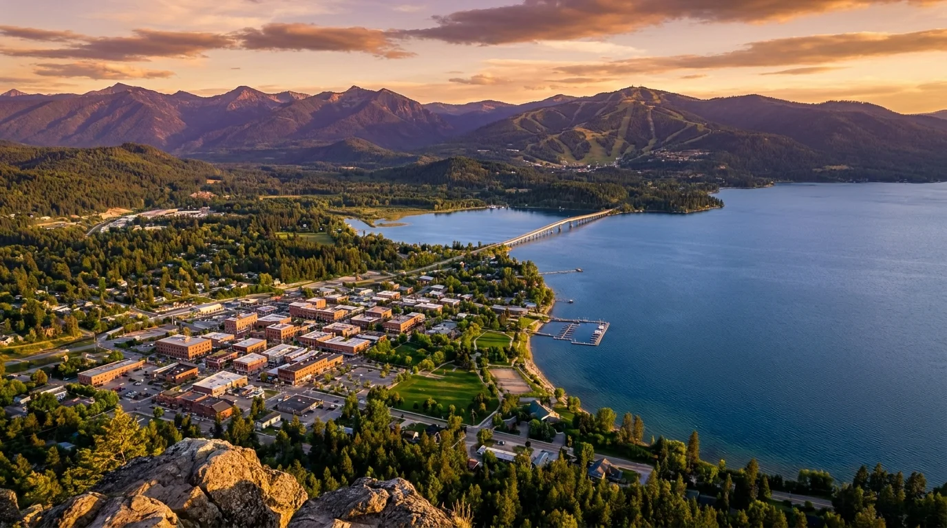 Aerial-style view of a small town on a massive lake surrounded by steep, forested mountains.