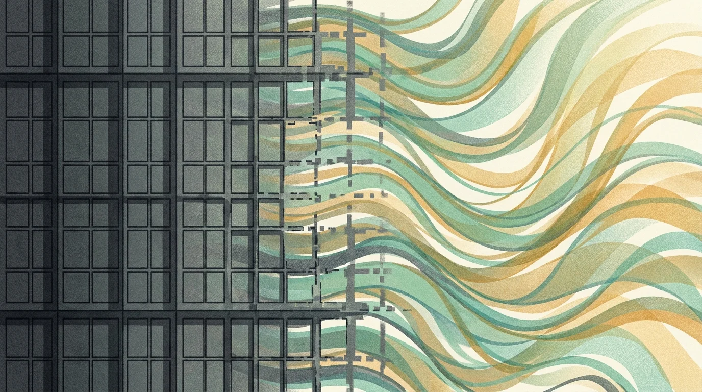 An abstract graphic showing a rigid gray grid dissolving into fluid, colorful waves to represent the shift from work to retirement.