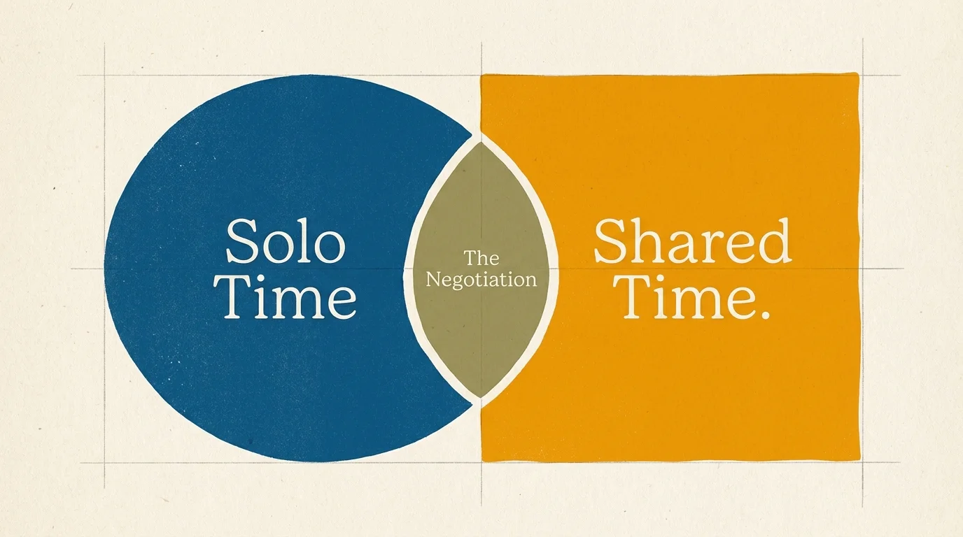 An abstract graphic showing overlapping blue and yellow shapes representing the balance between solo time and shared time in a relationship.