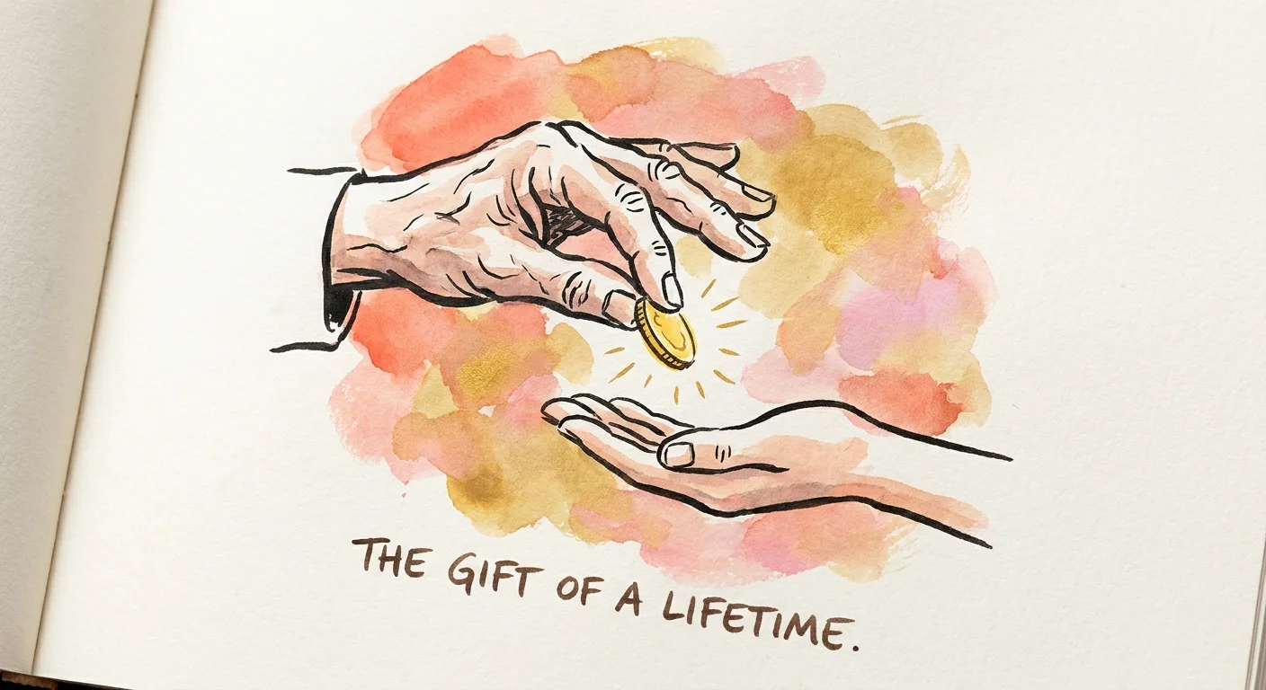 An abstract illustration of an older hand giving a glowing coin to a younger hand.