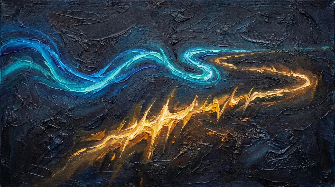 An abstract painting of two glowing paths of blue and gold light moving together but separately against a dark background.