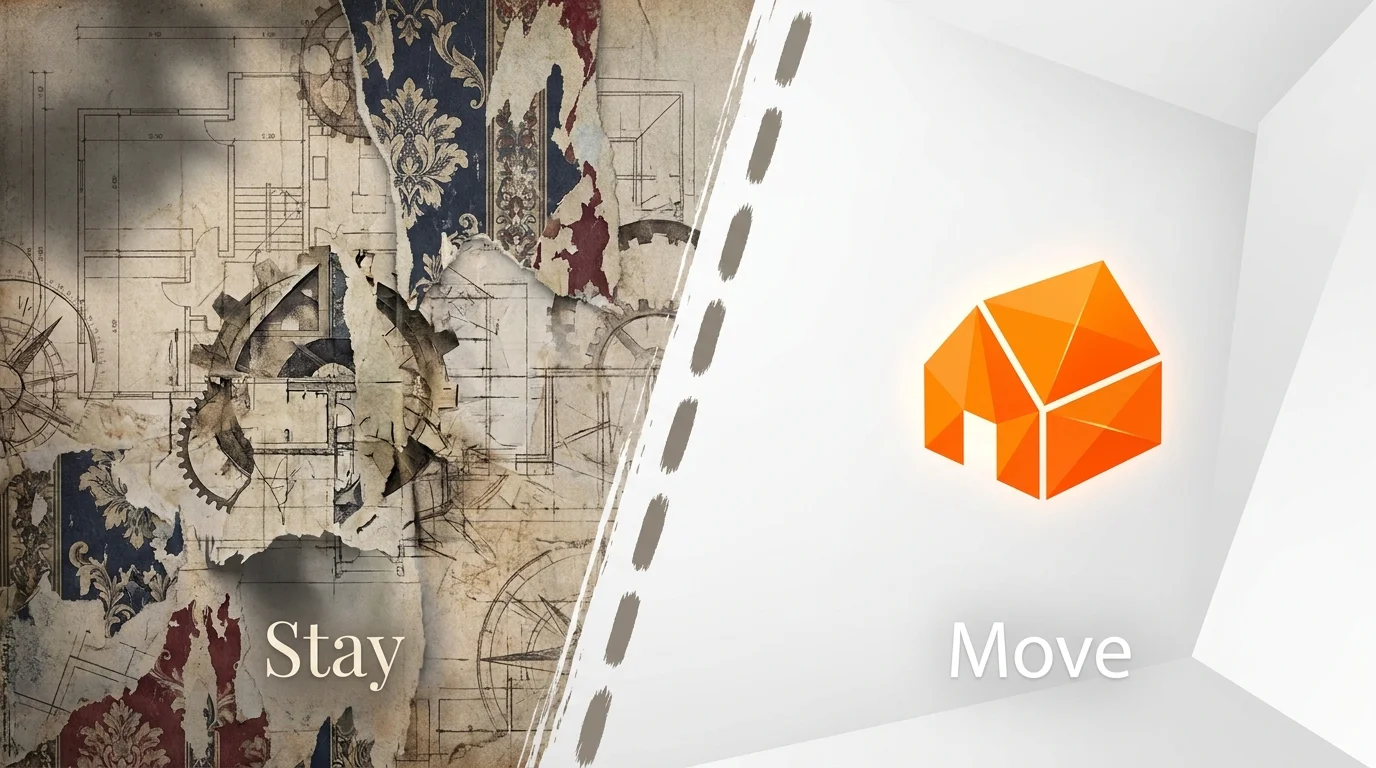 An abstract split-screen image contrasting a detailed, historical texture with a clean, modern icon to represent the choice to downsize.