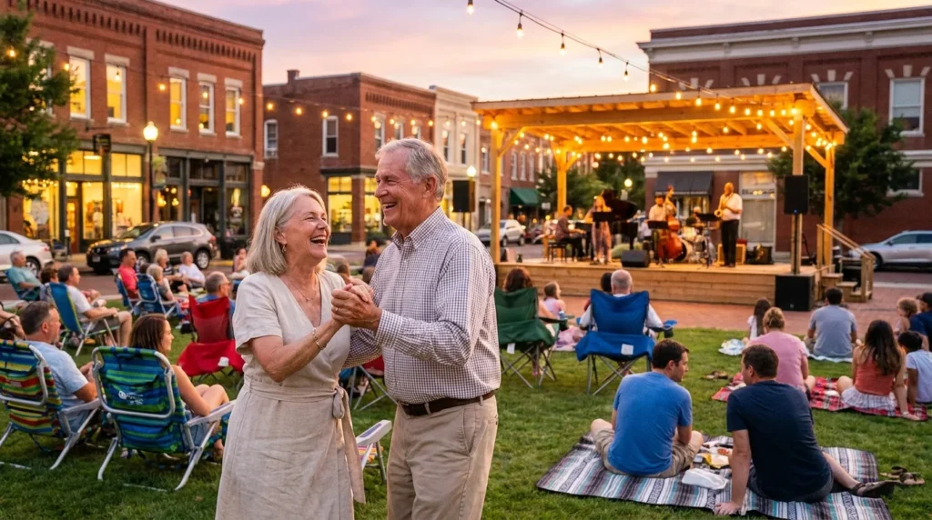 An active retired couple dancing at an outdoor community concert in a charming town square during a golden sunset.