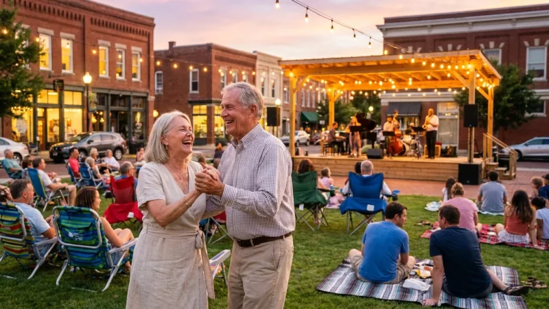 An active retired couple dancing at an outdoor community concert in a charming town square during a golden sunset.