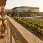 An active senior couple stands on a wooden terrace overlooking a community vineyard and a modern academic library during golden hour.