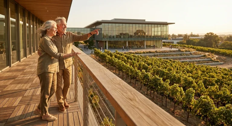 An active senior couple stands on a wooden terrace overlooking a community vineyard and a modern academic library during golden hour.