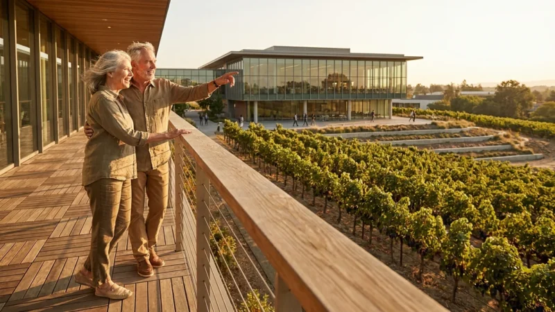 An active senior couple stands on a wooden terrace overlooking a community vineyard and a modern academic library during golden hour.