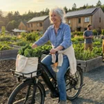 An active senior woman rides an e-bike through a modern community garden neighborhood during a golden sunset.