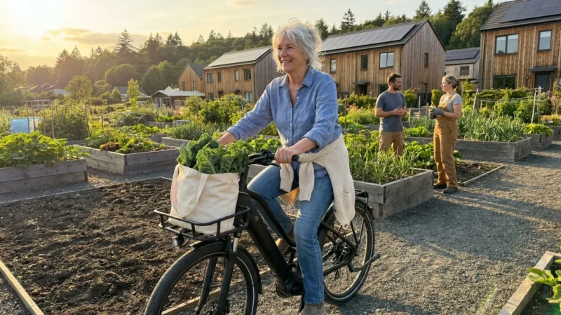 An active senior woman rides an e-bike through a modern community garden neighborhood during a golden sunset.