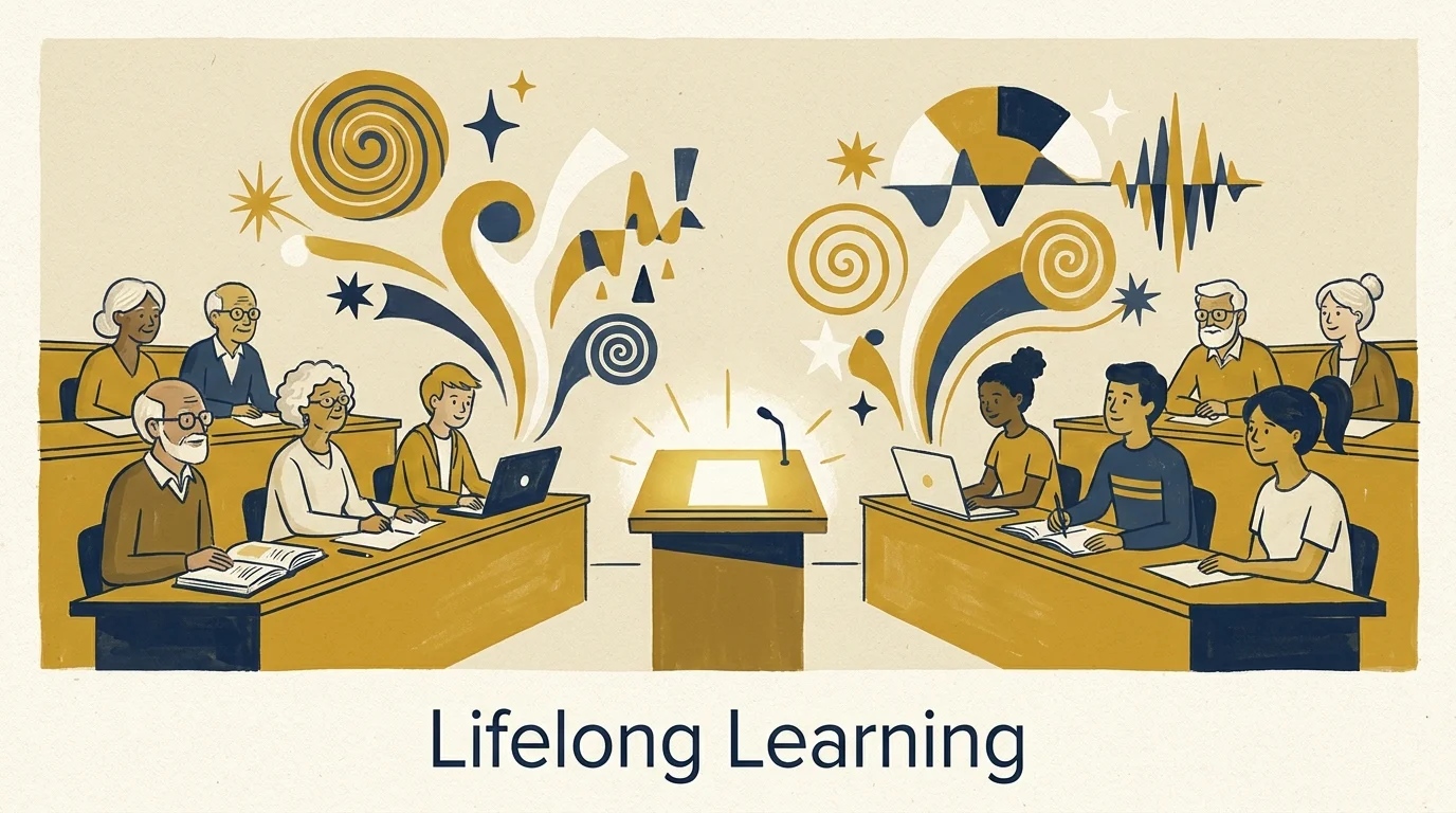 An artistic illustration of seniors and young students learning together in a university setting.