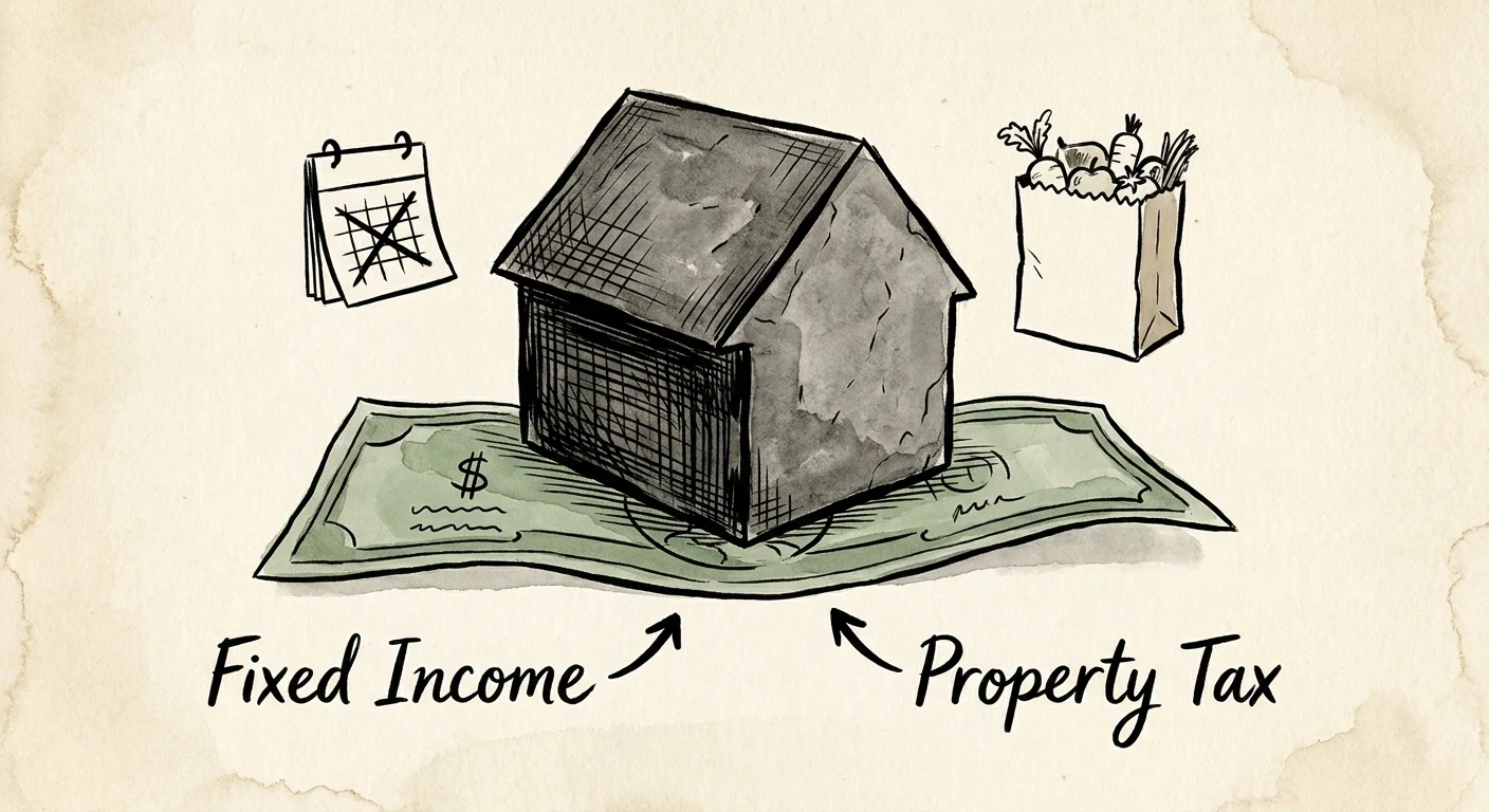 An editorial illustration of a heavy stone house pressing down on a dollar bill, symbolizing the financial pressure of property taxes.